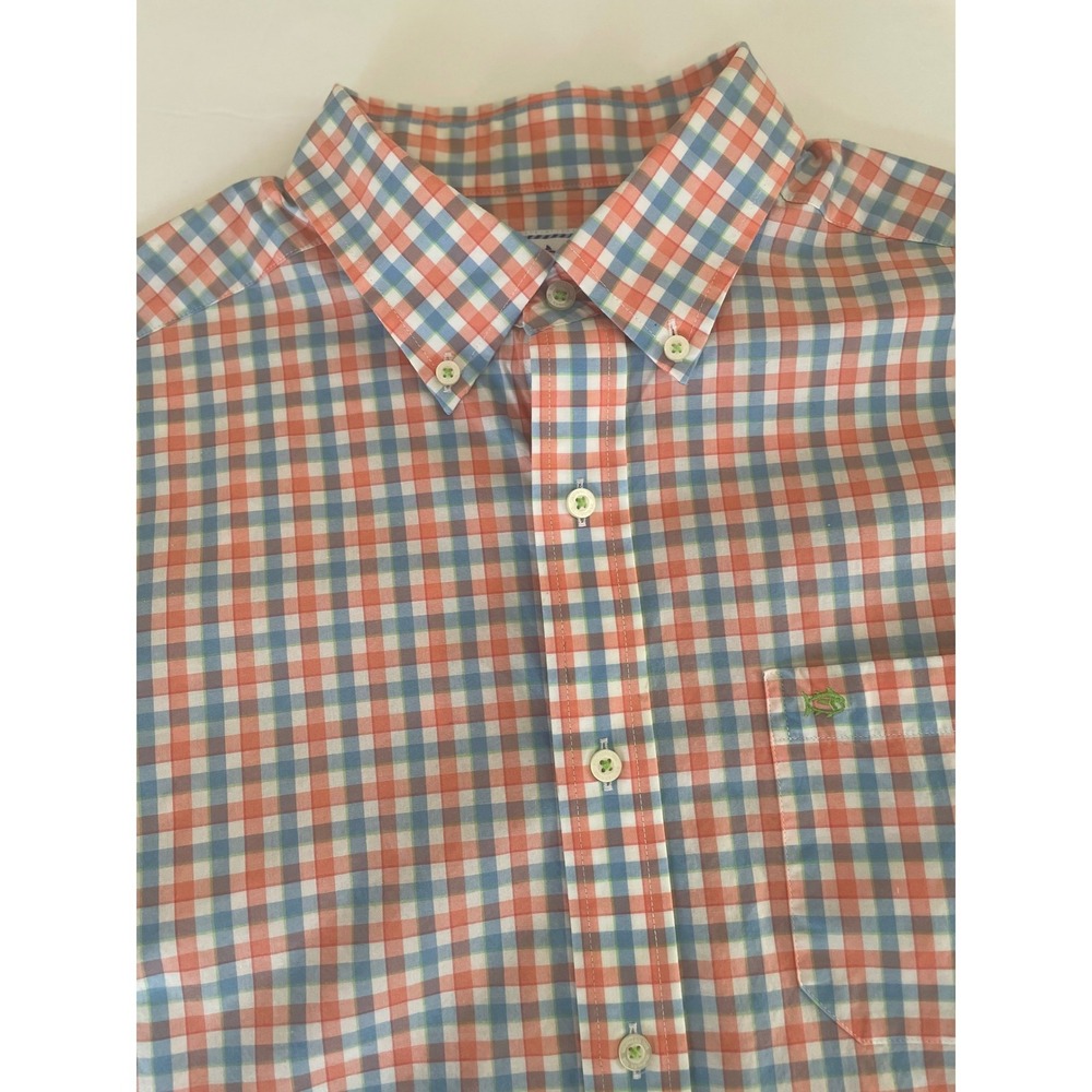 Southern Tide Mens Classic Fit Gingham Check Button Down Shirt Orange Blue Med
